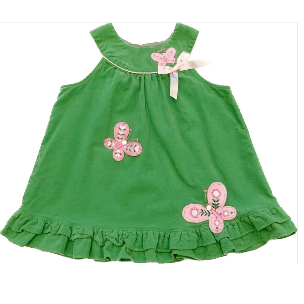 Rare Editions Green Corduroy Jumper Dress with Butterfly Appliqué